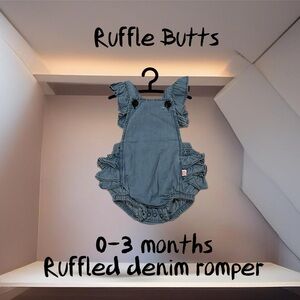 Ruffle Butts, 0-3 month baby girl denim ruffle romper.